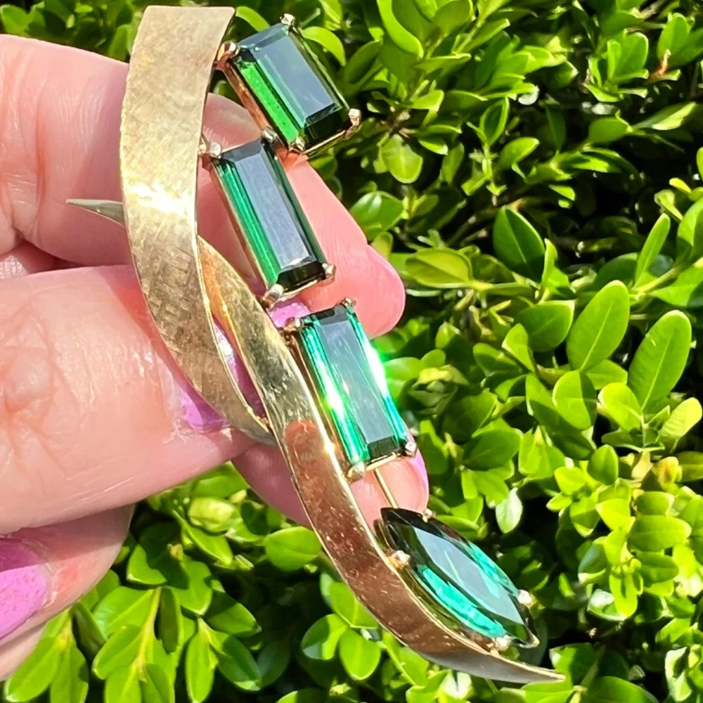 VINTAGE 18K GOLD CUSTOM LARGE GREEN TOURMALINE PIN BROOCH STATEMENT FLORENTINE